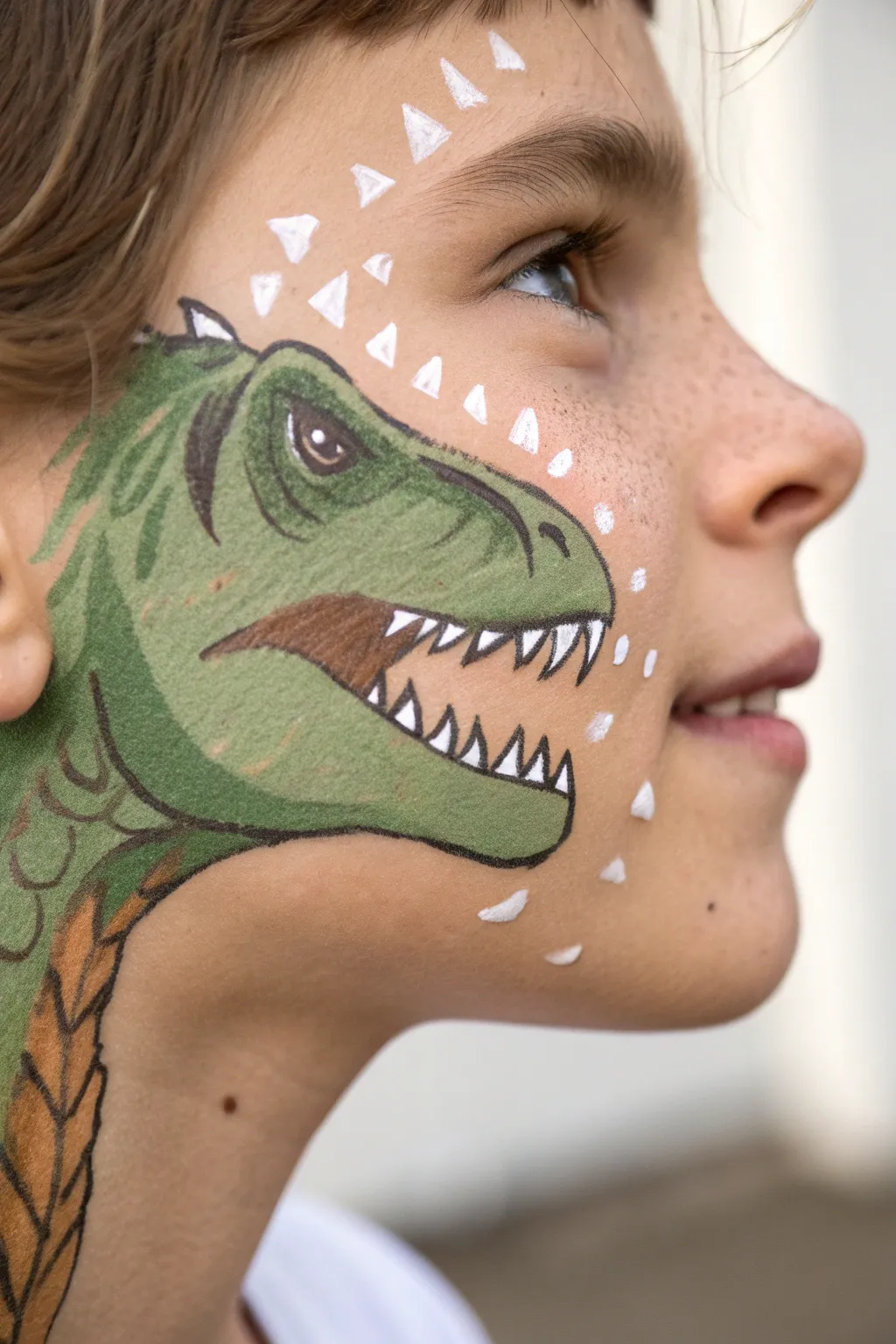 Roar with style using this textured green T-Rex face paint idea.