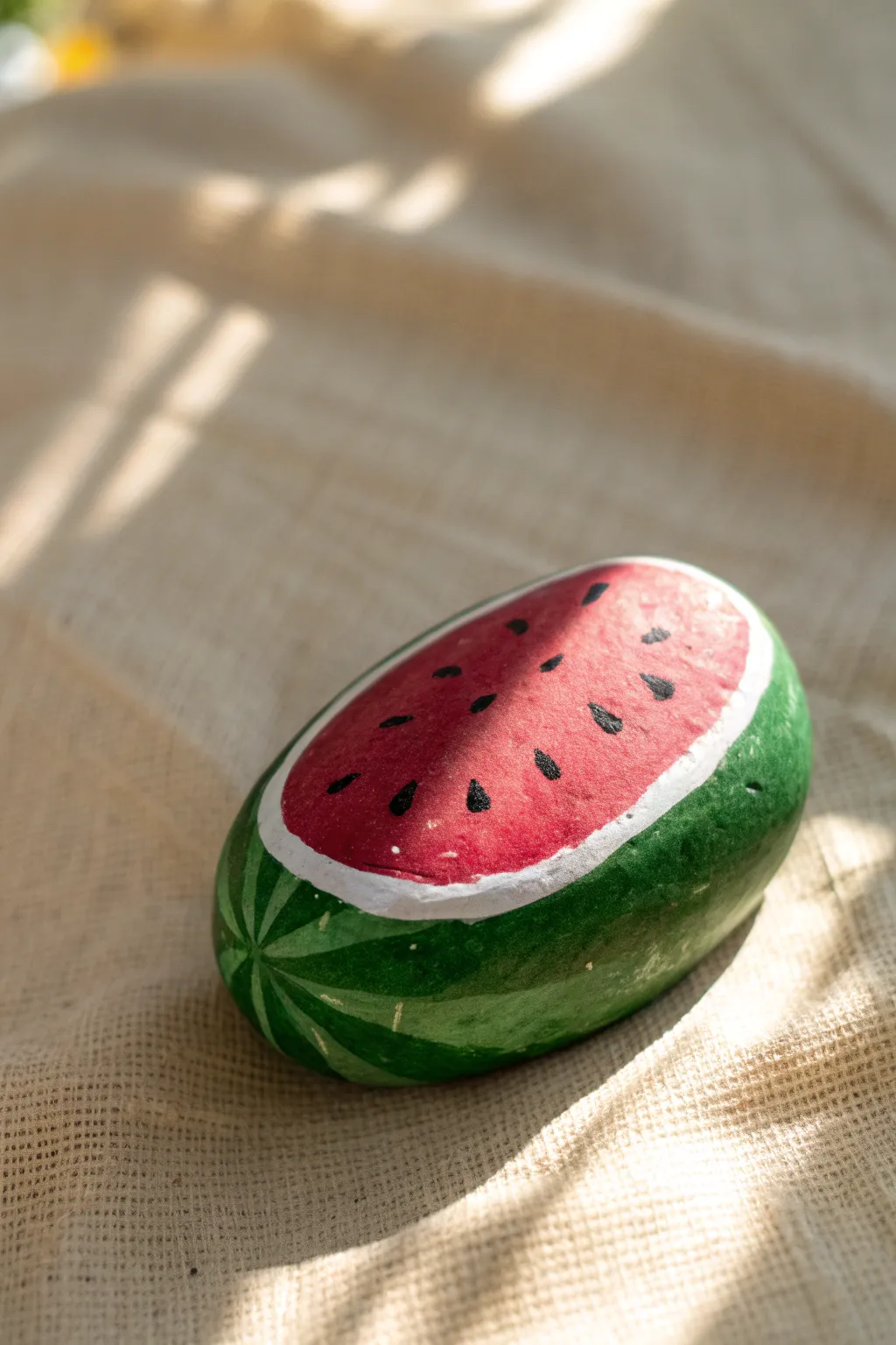Paint a sweet watermelon slice rock with crisp contrast and simple hand-painted details.