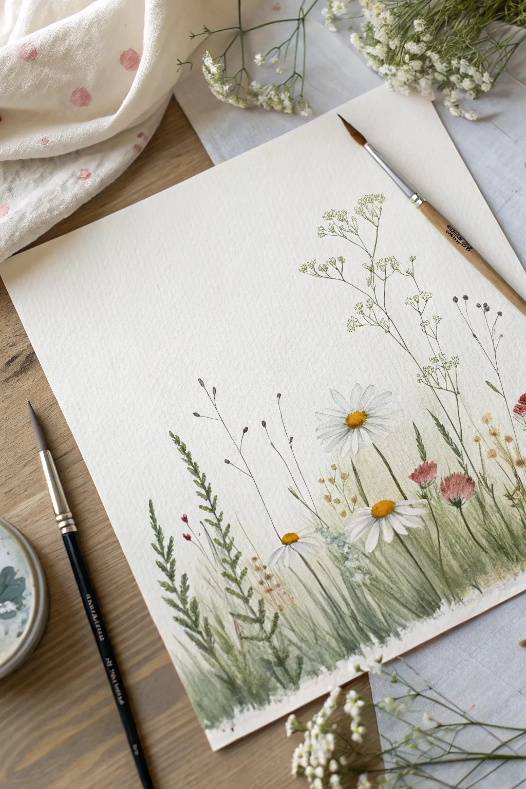 Quick layered wildflower field: bold foreground dots with soft, misty blooms in the distance