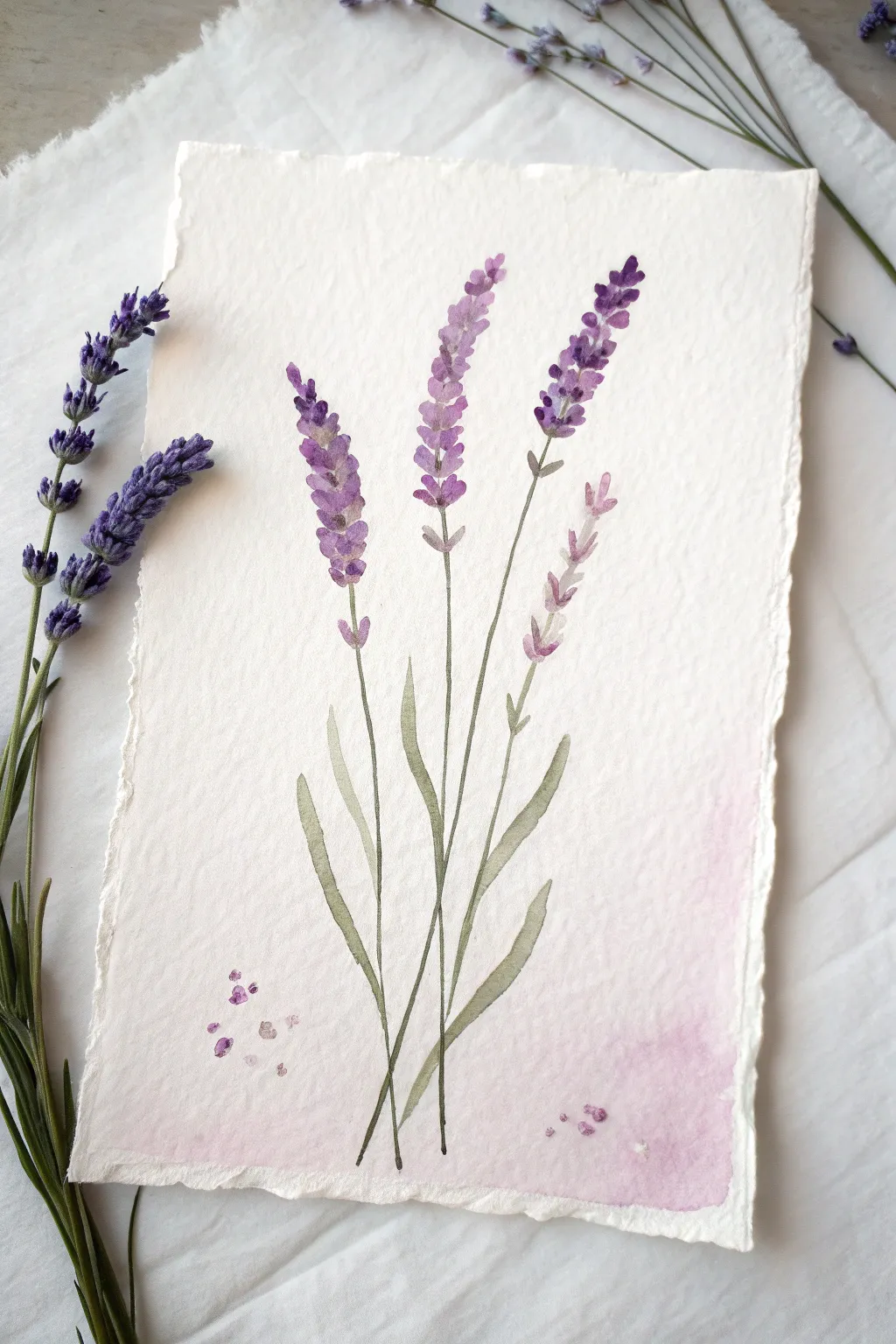 Easy dot-stroke lavender stems on a soft pastel wash, minimalist and calming for beginners