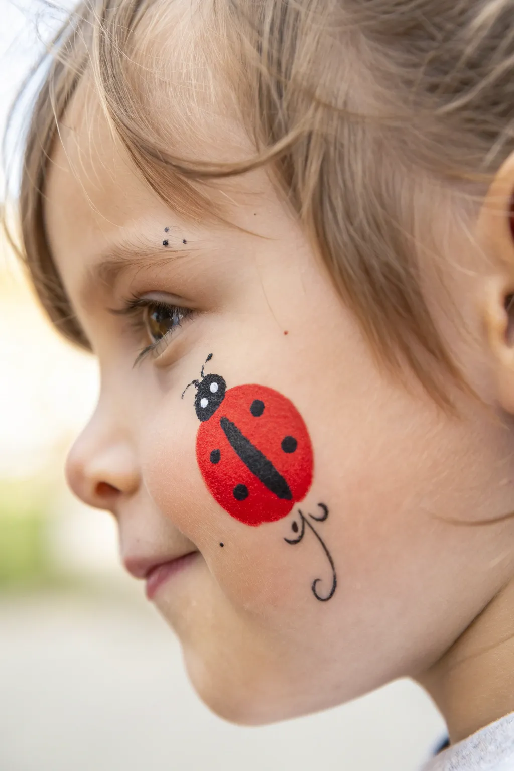 Tiny cheek ladybug: bold red oval, simple dots, and clean lines for an easy face-paint win.