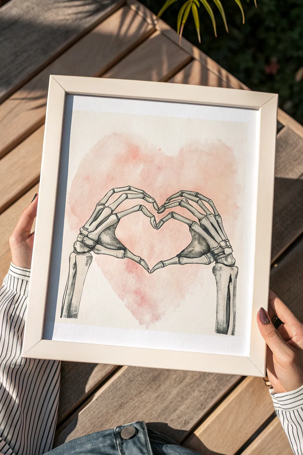 Delicate skeleton hands form a heart, minimalist lines with soft blush wash and bold contrast.