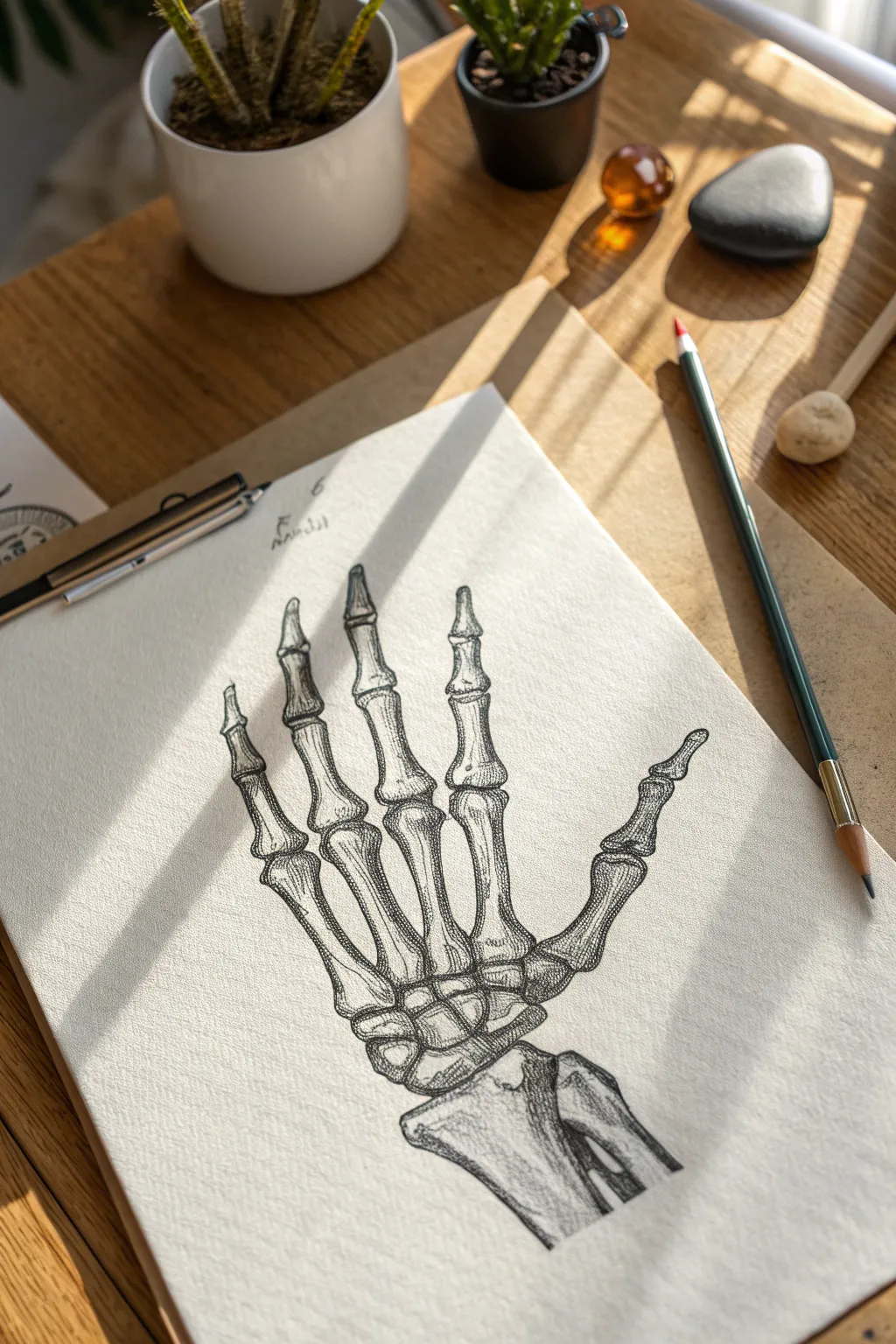 Elegant skeleton hand sketch with a single ring, minimalist contrast for modern boho artists