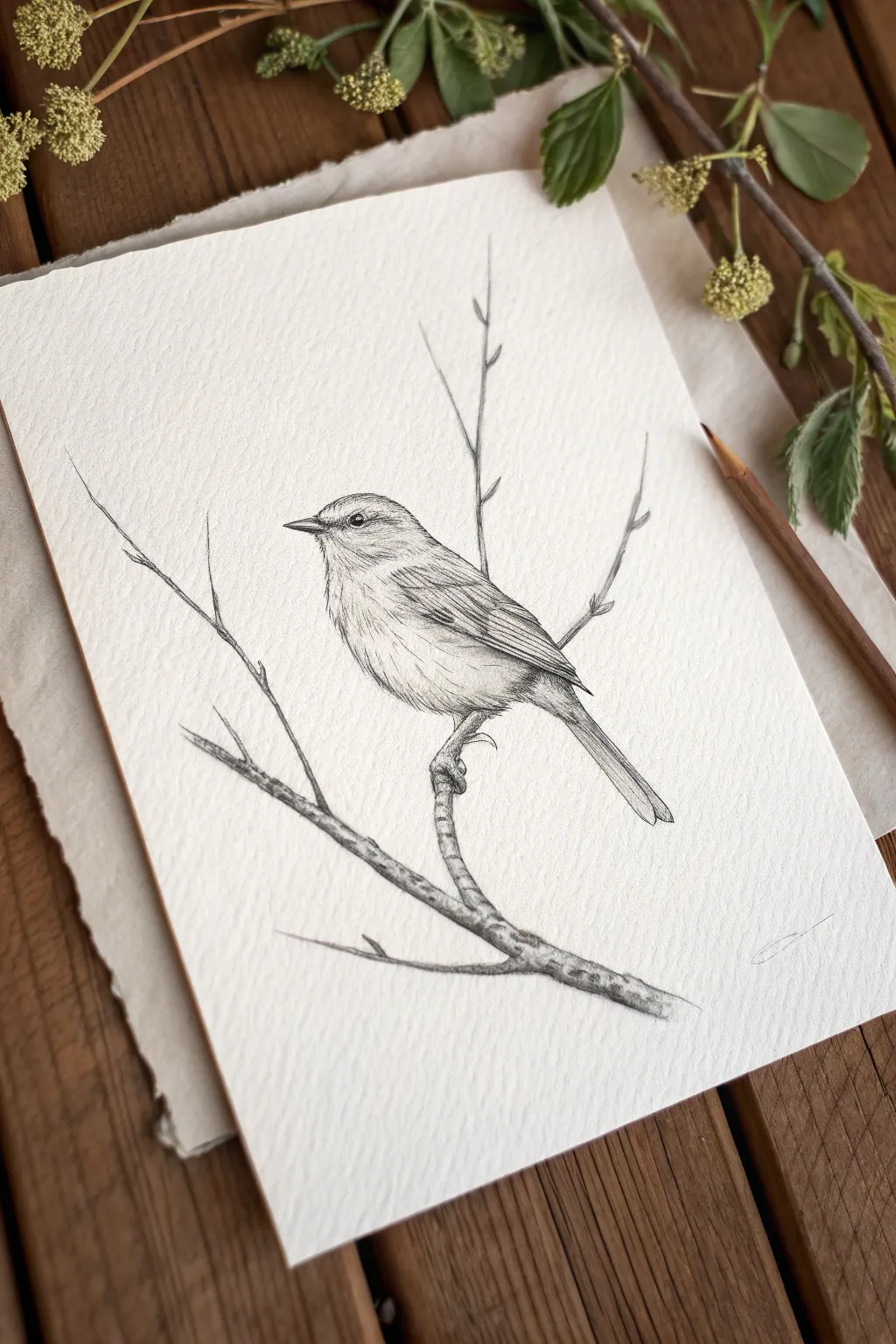 Perched bird sketch with delicate feather crosshatching, calm minimalist studio mood