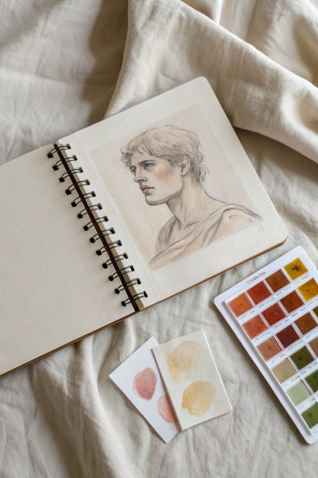 Loose self-portrait study in a sketchbook page, soft tones and swatches for fearless practice
