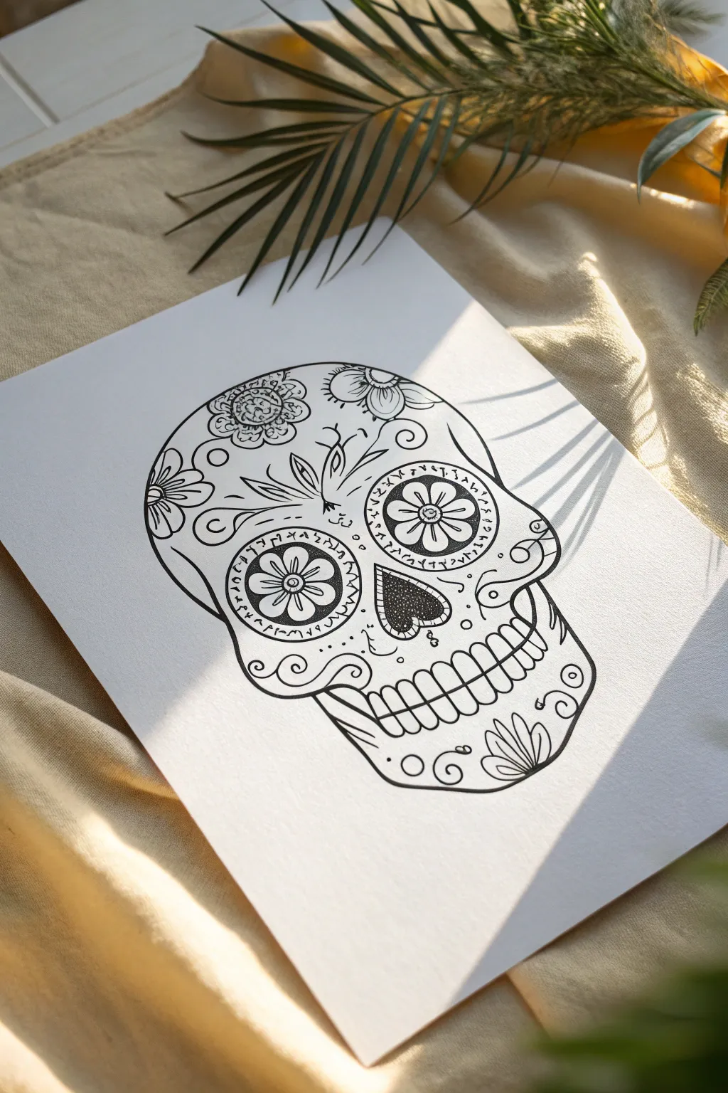 Design your own skull coloring page with bold lines and roomy floral and swirl sections to fill in.