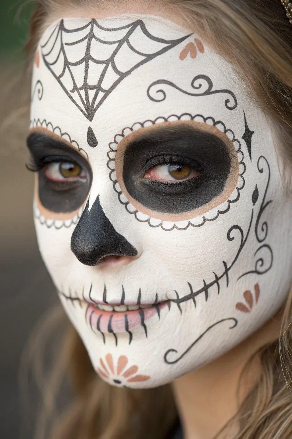 Lace filigree over a classic skull base for a soft yet striking Scandinavian-boho face paint idea.