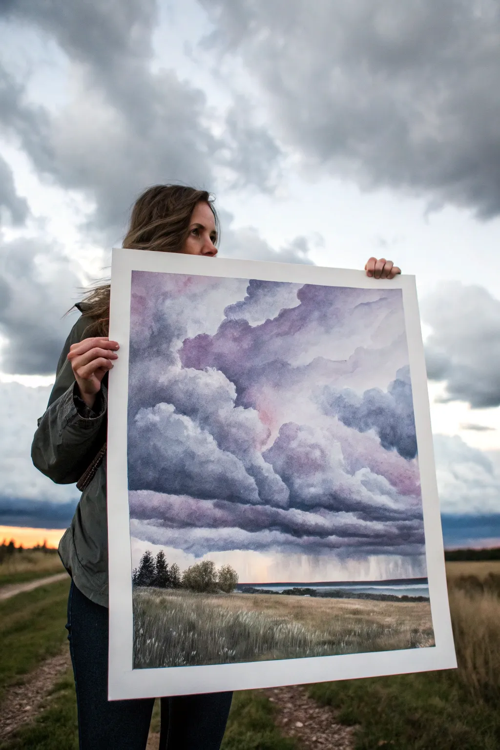 Layered storm-front clouds in gray violet tones, with a crisp land silhouette for drama
