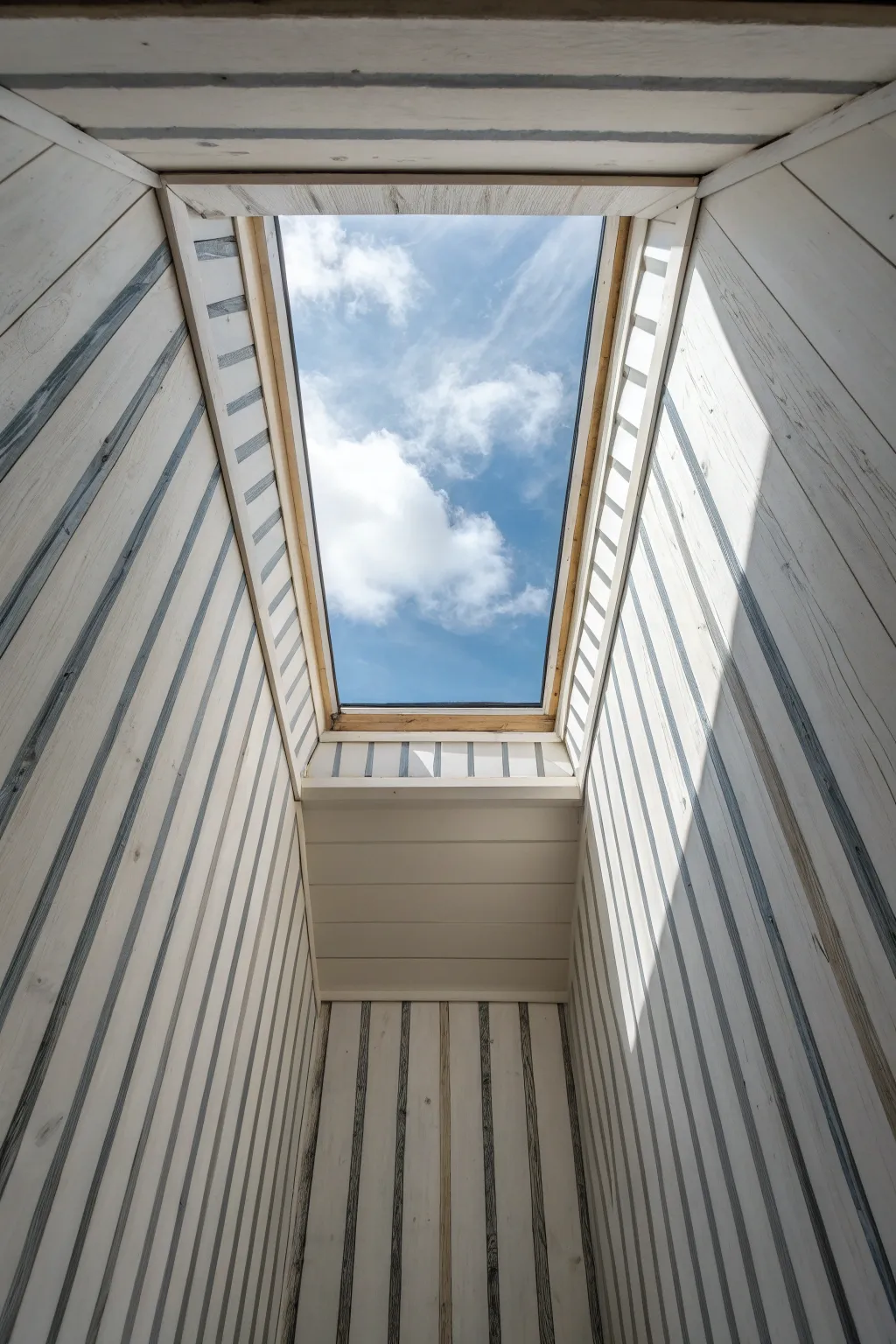 Thin vertical stripes in the skylight well create a crisp shaft effect that visually lifts the ceiling