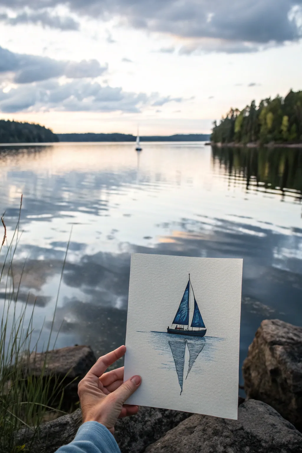 Little sailboat acrylic mini painting idea with a calm lake gradient and gentle reflection