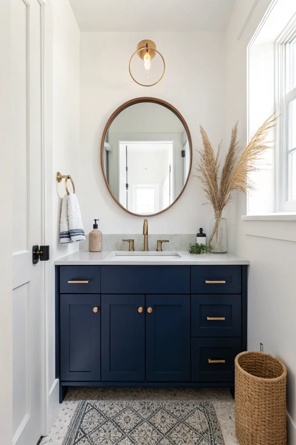 White walls and a deep navy vanity create crisp contrast in a small, serene bathroom.
