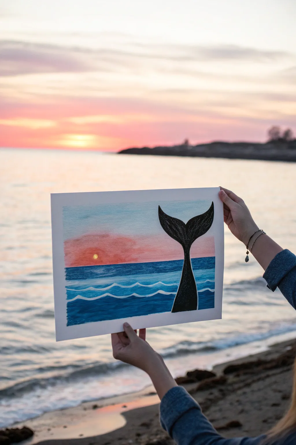 Minimal whale tail silhouette at sunset, a calming small painting idea with bold contrast