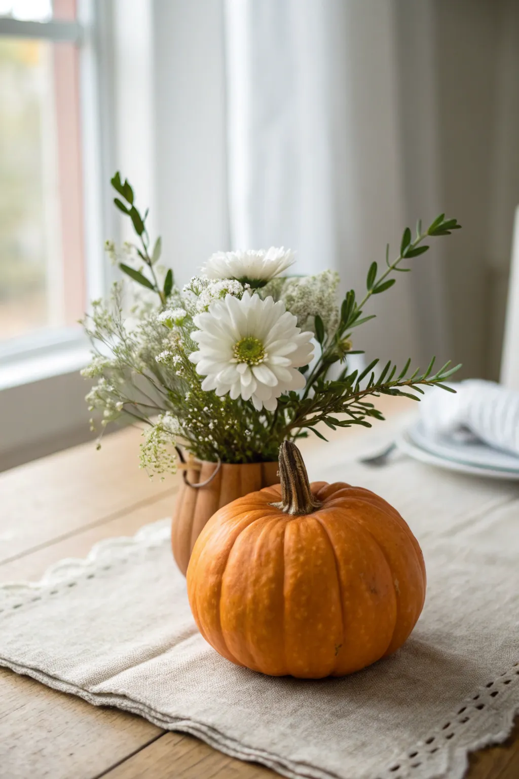 Mini pumpkin vase with a simple autumn bloom on linen, cozy Scandinavian boho mood.