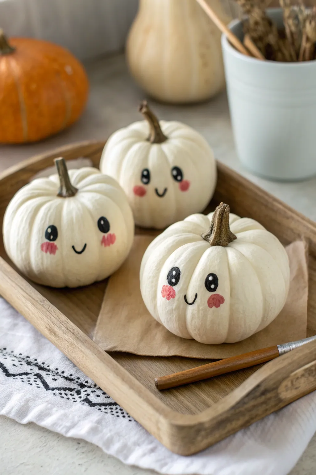 Mini pumpkins with simple cute faces and rosy cheeks, a sweet minimalist fall painting idea.