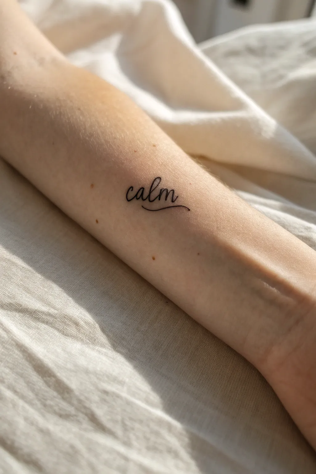 Clean one-word script tattoo with soft pencil guides, minimalist Scandinavian-boho inspiration