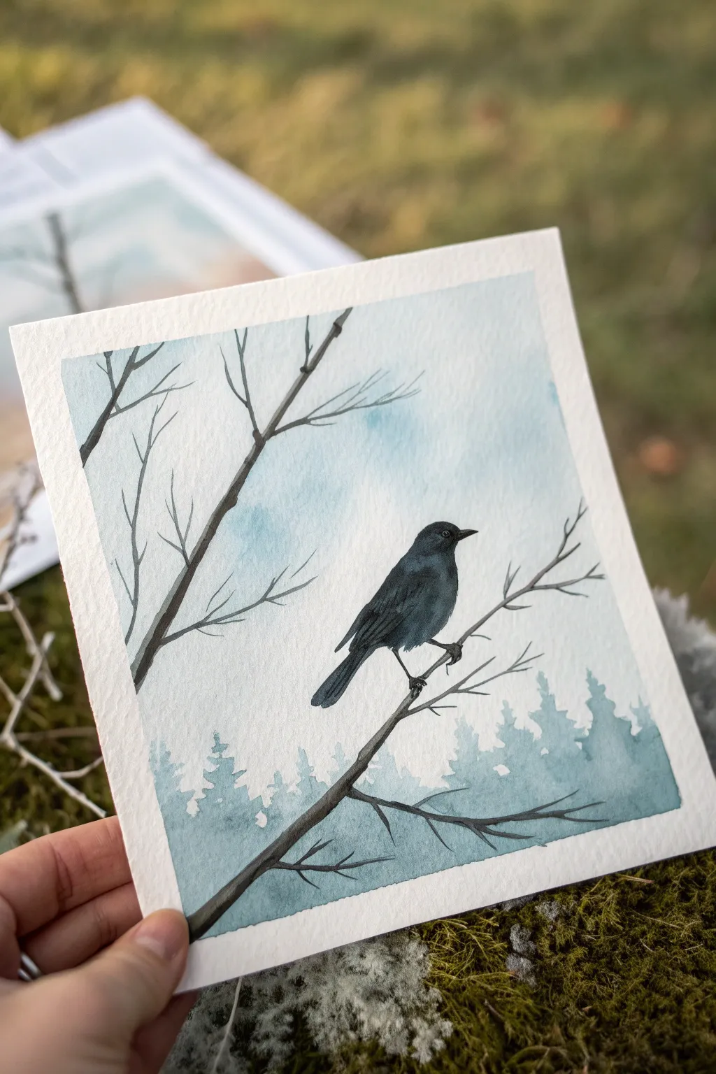 Tiny watercolor bird silhouette on a minimalist branch, high-contrast and airy Scandinavian calm.