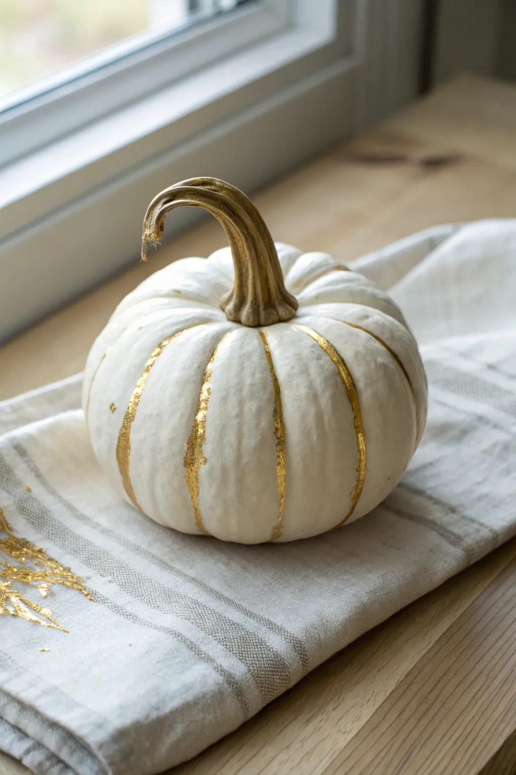 Small white pumpkin with a gold metallic stem and delicate drips for a chic minimalist look
