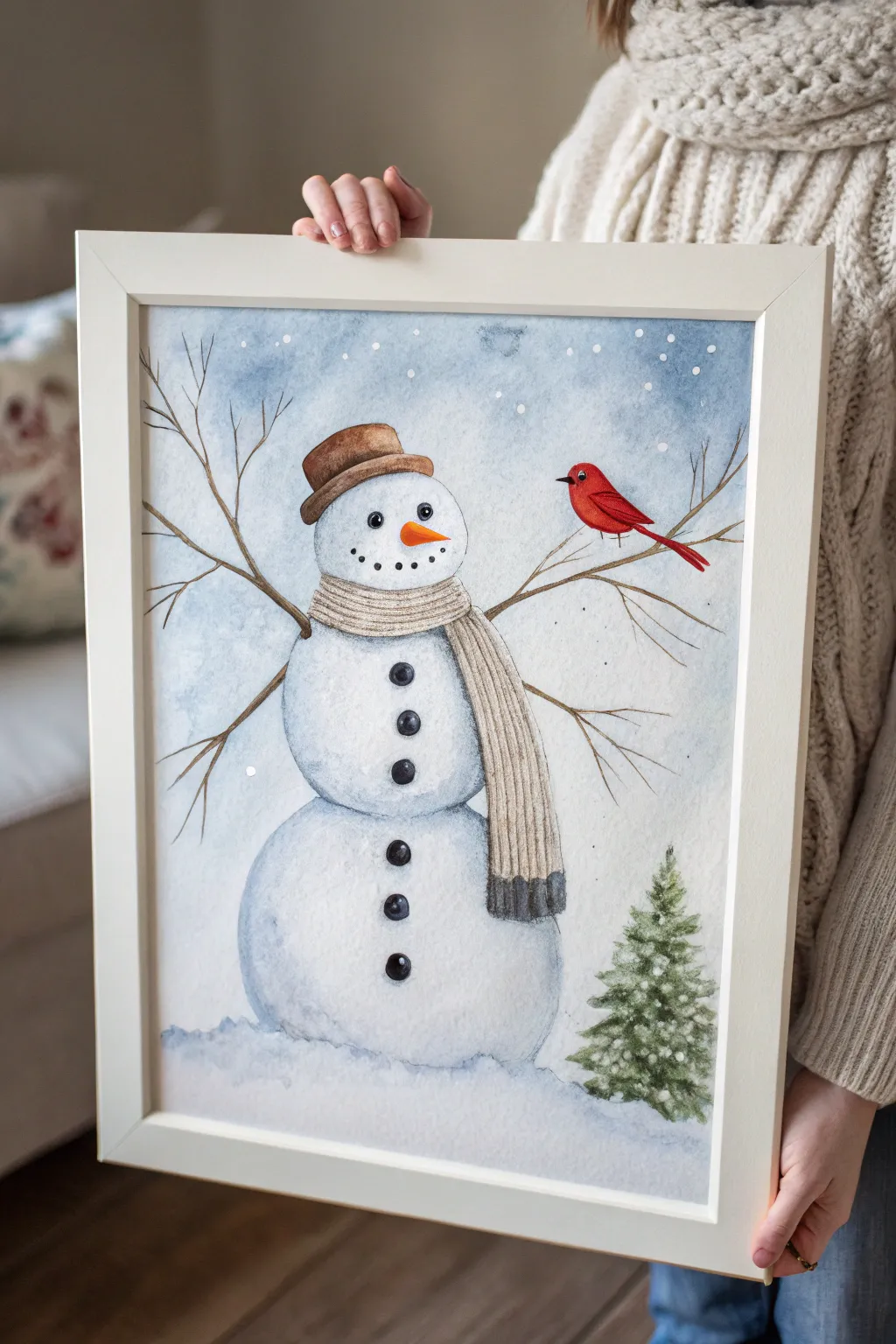 Minimalist snowman painting with a tiny bright red bird accent for calm, cozy winter contrast.