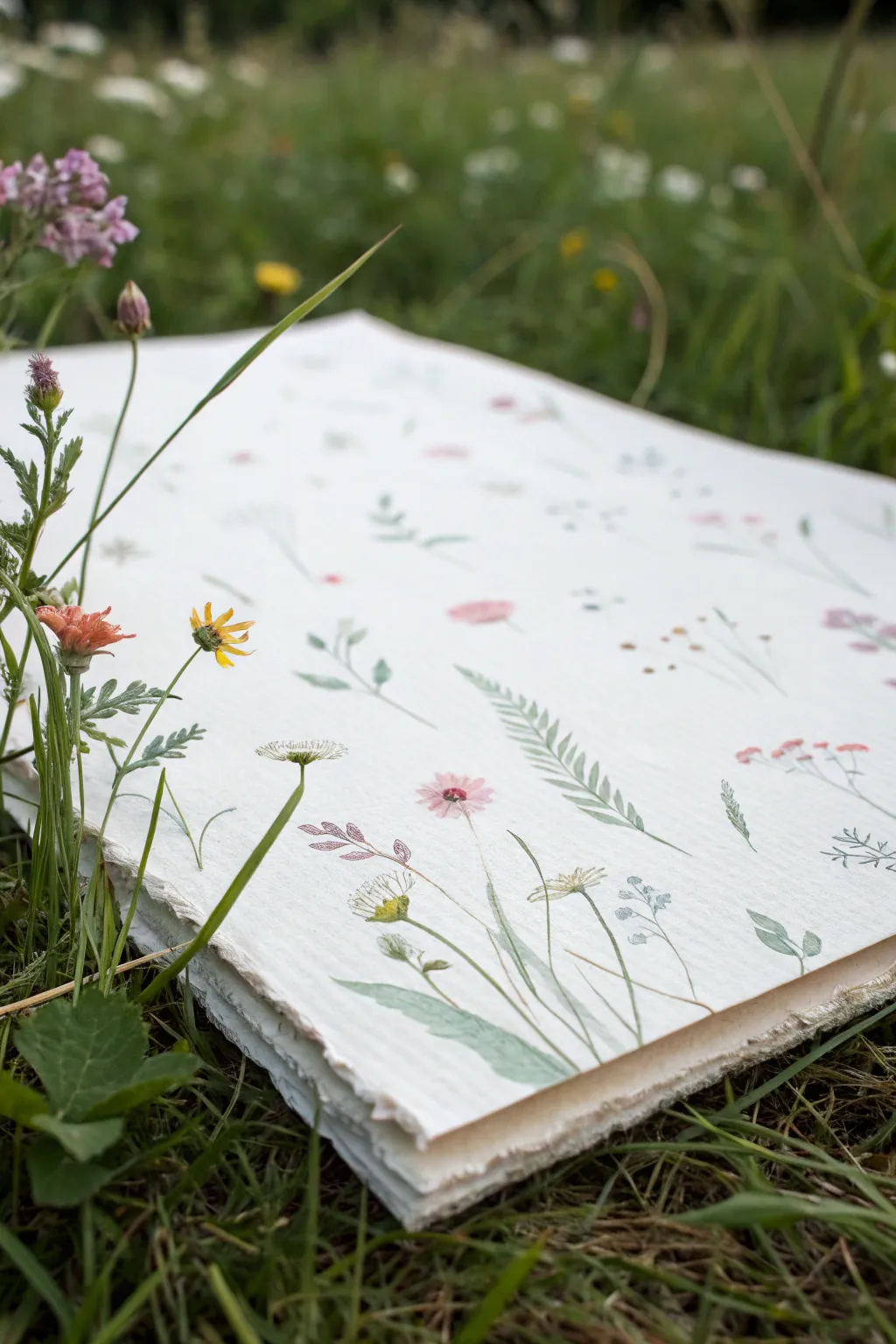 Loose pastel wildflower texture up close, high-contrast marks in a calm minimalist, boho feel