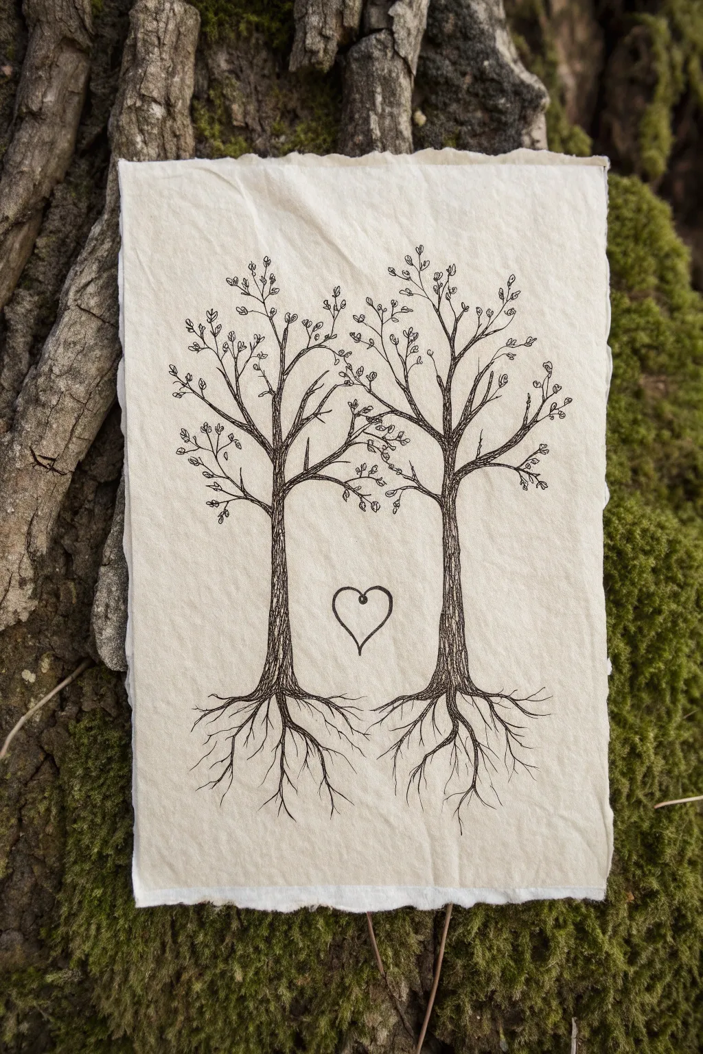 Minimal intertwined trees sketch with shared roots, a gentle soulmate symbol for your art journal.