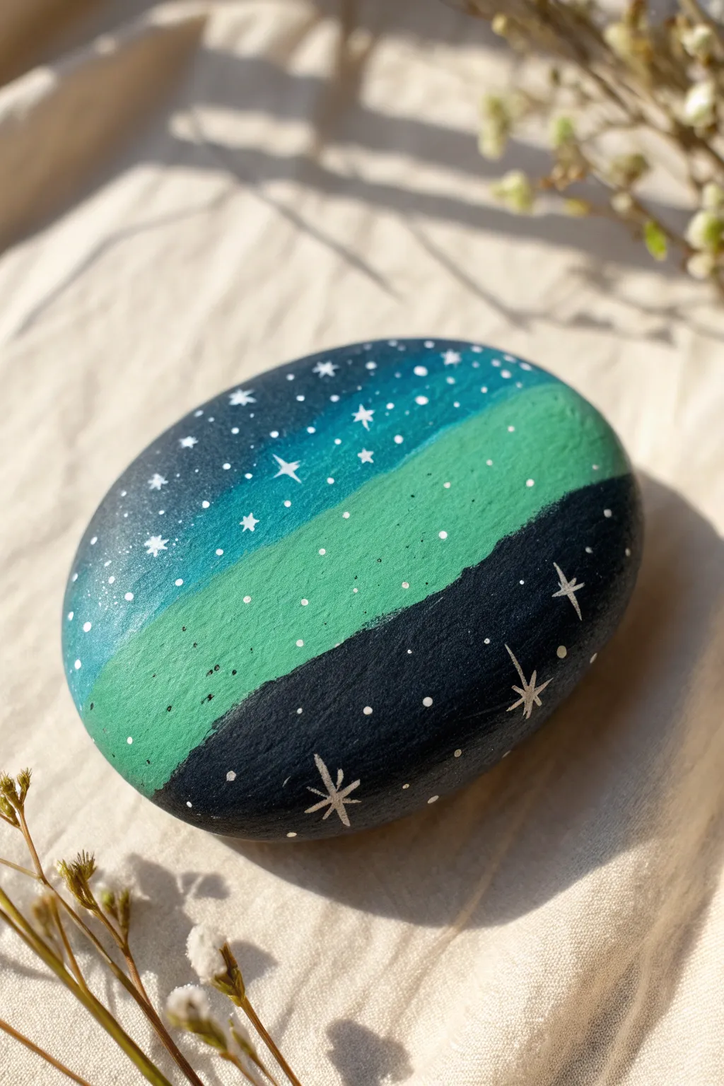 Aurora ribbons and a starry space horizon on one painted rock, calm Scandinavian boho style