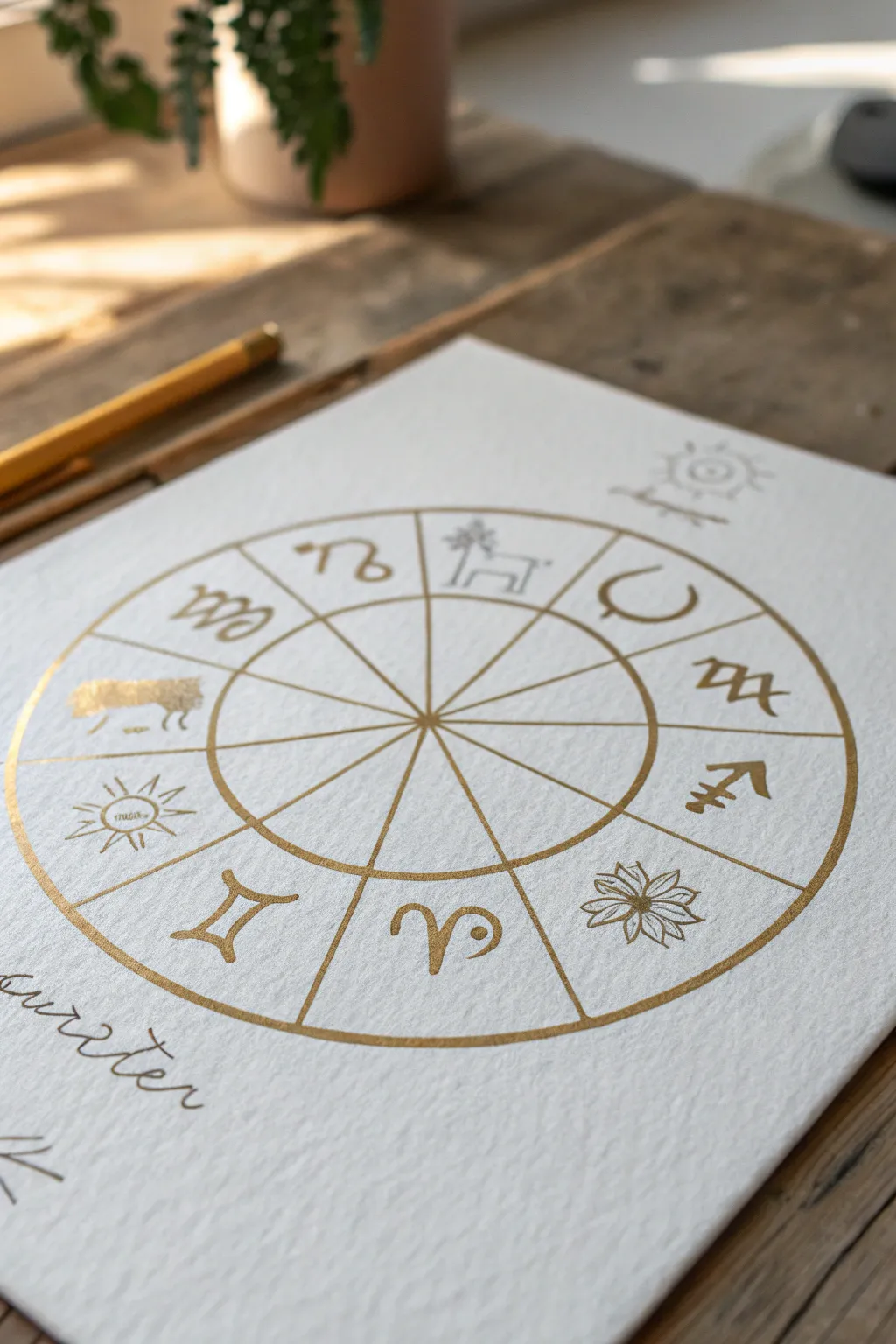 Minimal zodiac wheel artwork with one birth sign segment highlighted in indigo and gold.