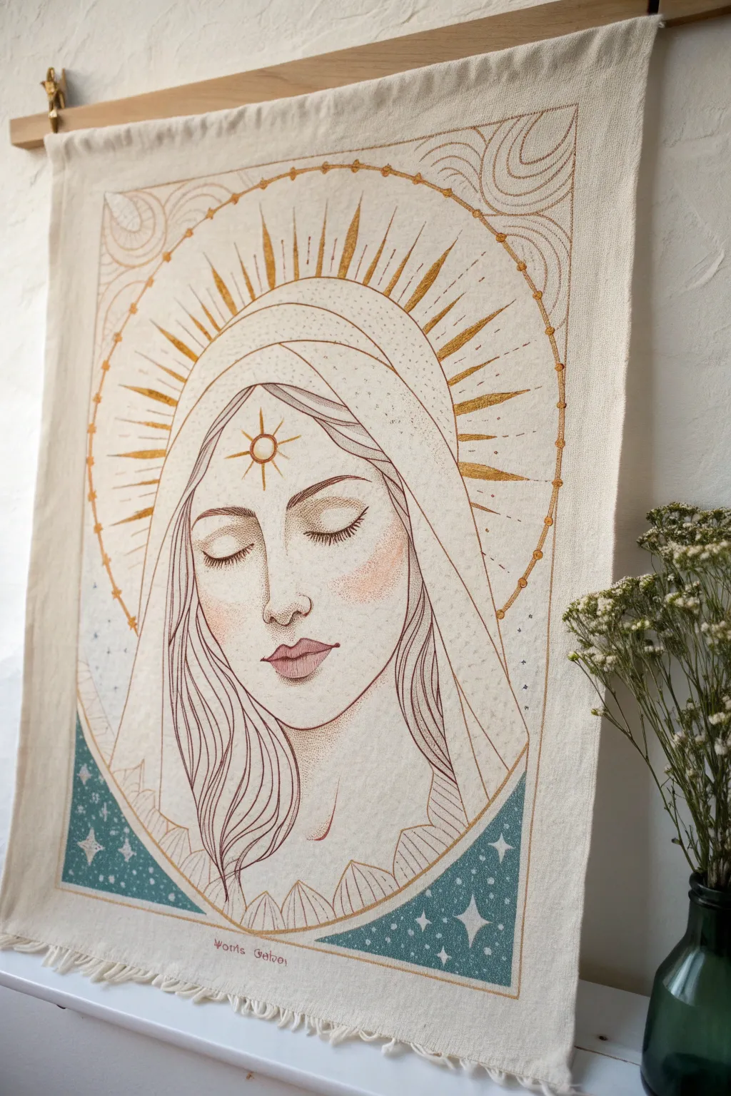 Serene divine face with closed eyes, minimalist lines, and a soft cosmic glow to inspire painting