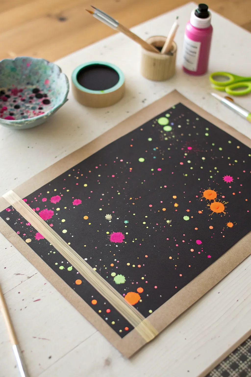 Neon splatter confetti pops on matte black paper for a minimalist, high-contrast wow.