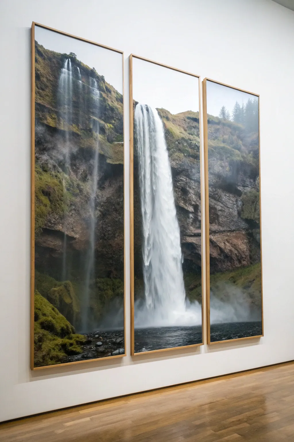 Split waterfall triptych with aligned flow and soft mist, minimalist boho studio vibe.