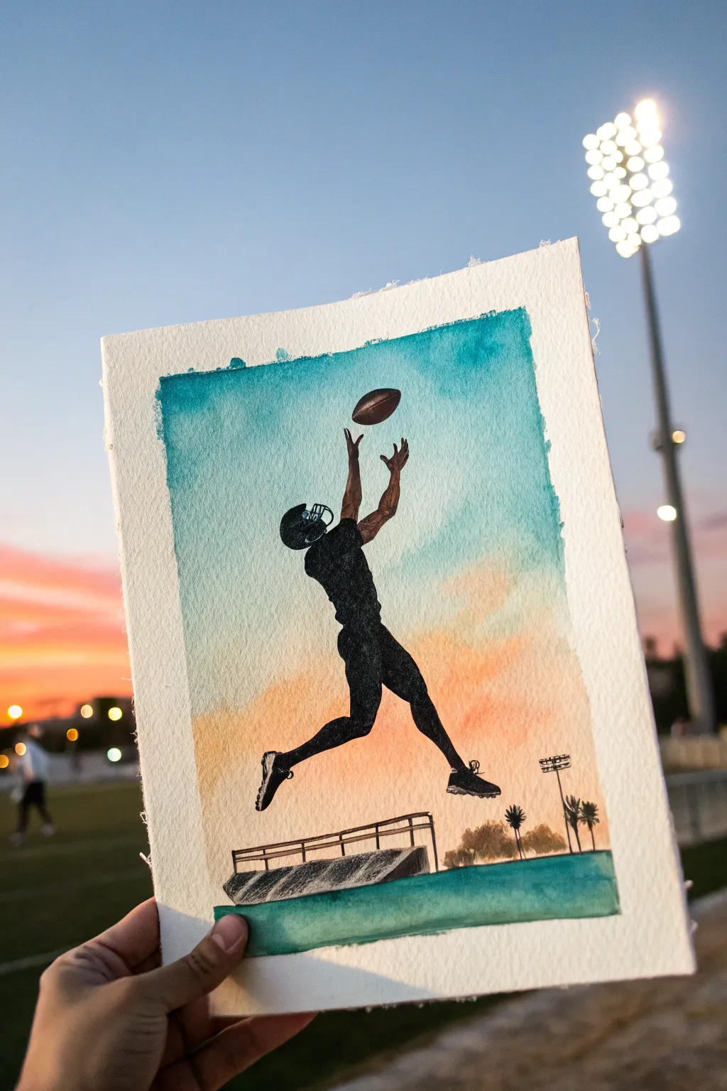 Minimalist full-stretch football catch painting with bold silhouette and airy Scandinavian sky.