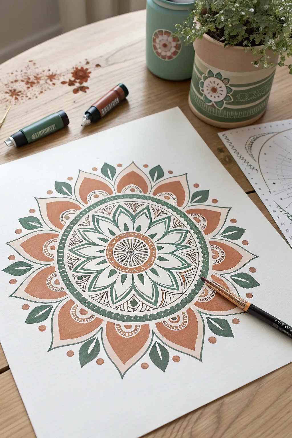 Layered mandala stencil in soft terracotta and sage, a minimalist spray paint idea.