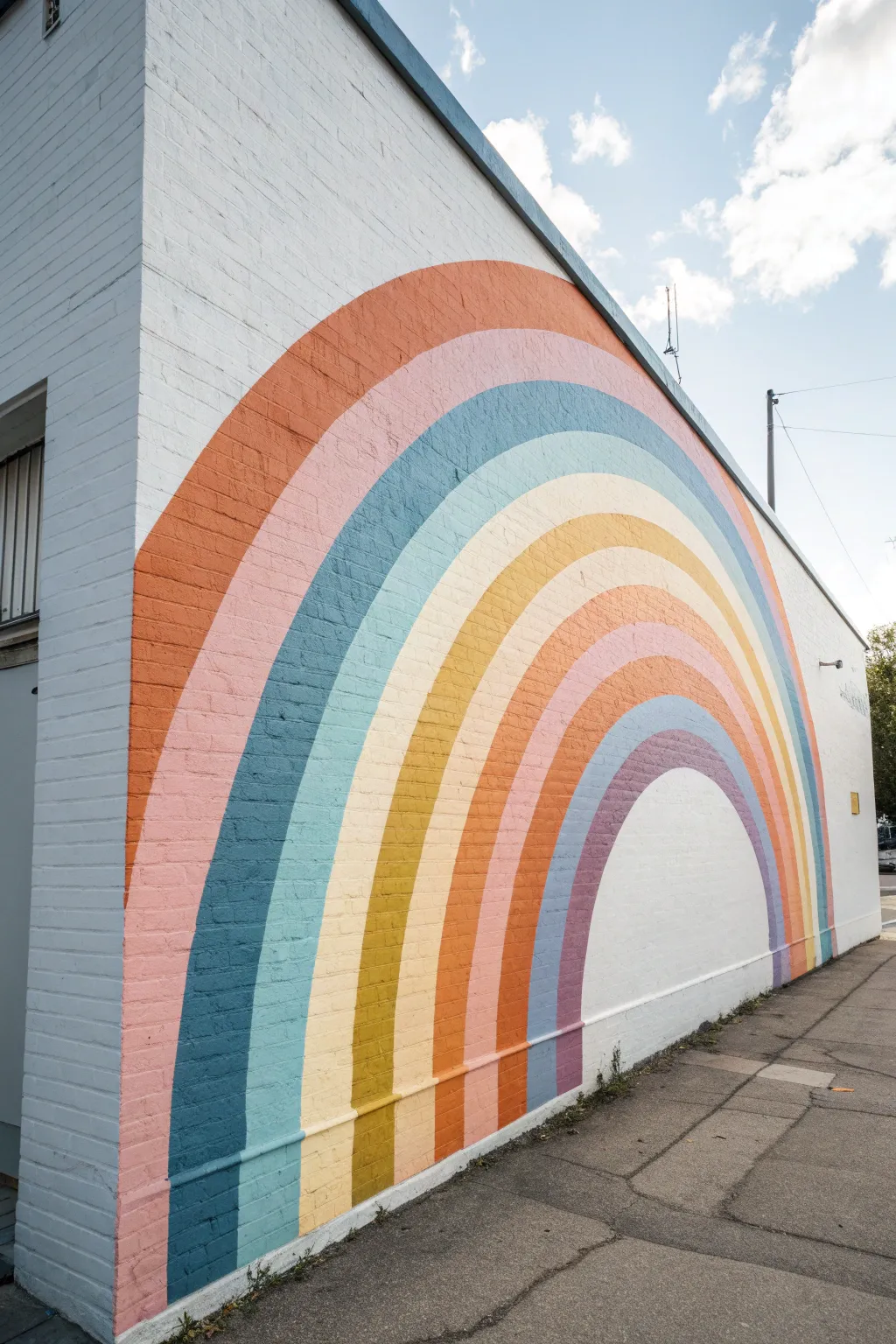 Minimal spray paint mural with smooth rainbow arc gradients and subtle shadows for modern boho walls