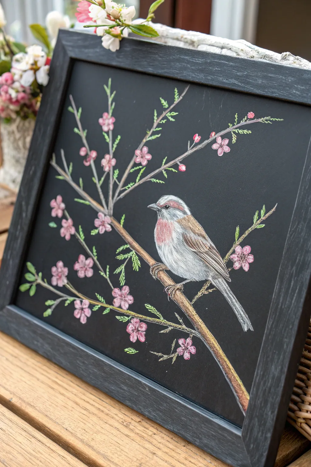 Soft spring chalk art: a tiny bird on a blooming branch, minimal palette and crisp contrast.