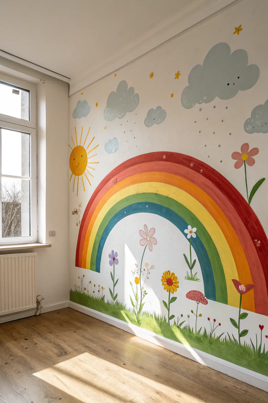 Spring mural inspiration: a bright rainbow over clouds and wildflowers for a minimalist boho wall