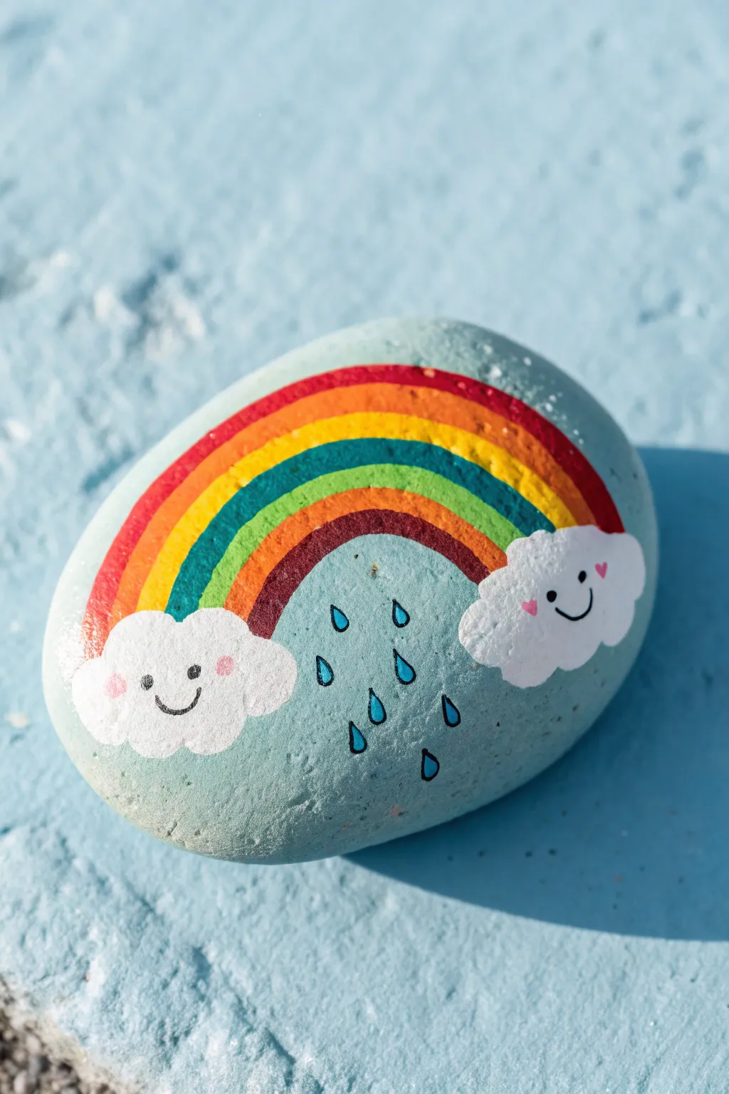 Fresh spring rock painting: a minimalist rainbow after rain on a smooth stone, soft and bright