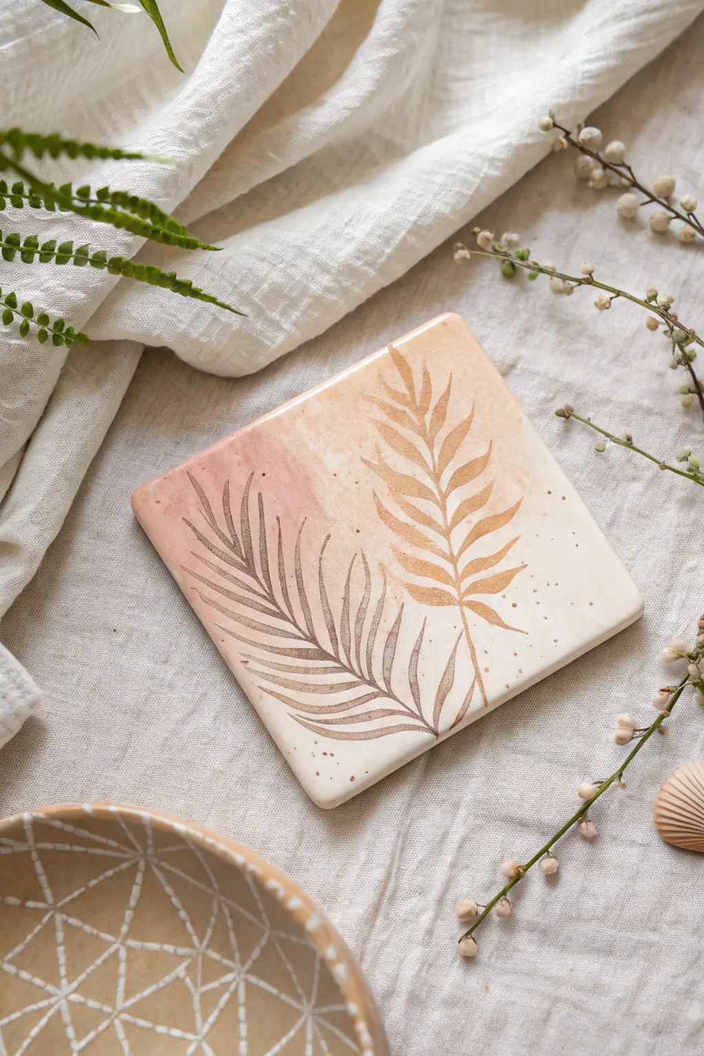 Minimal line art meets a soft wash on a square coaster, simple modern boho craft inspiration.