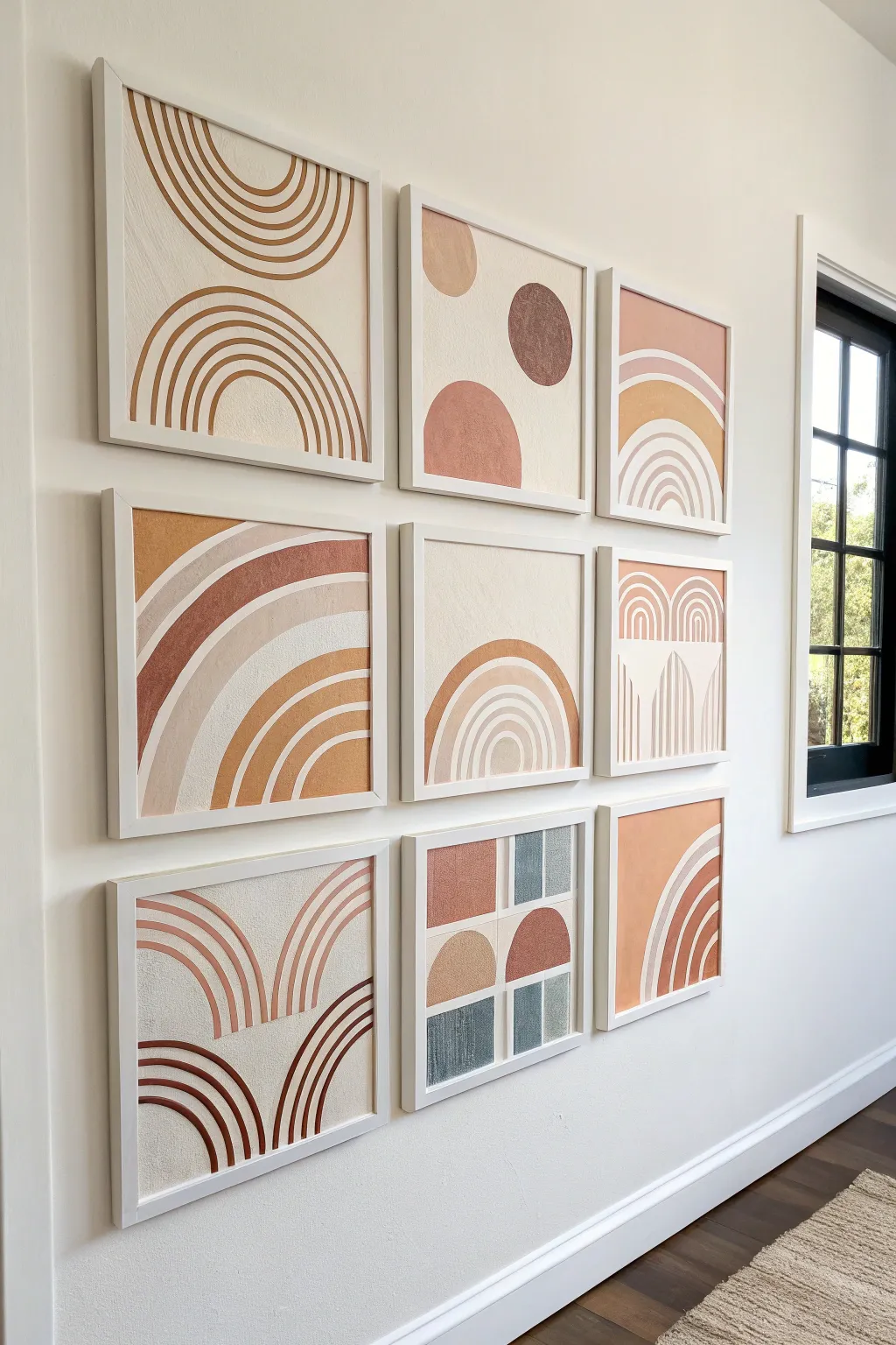 Nine square mini canvases in a clean 3x3 grid, calm neutrals and handmade texture