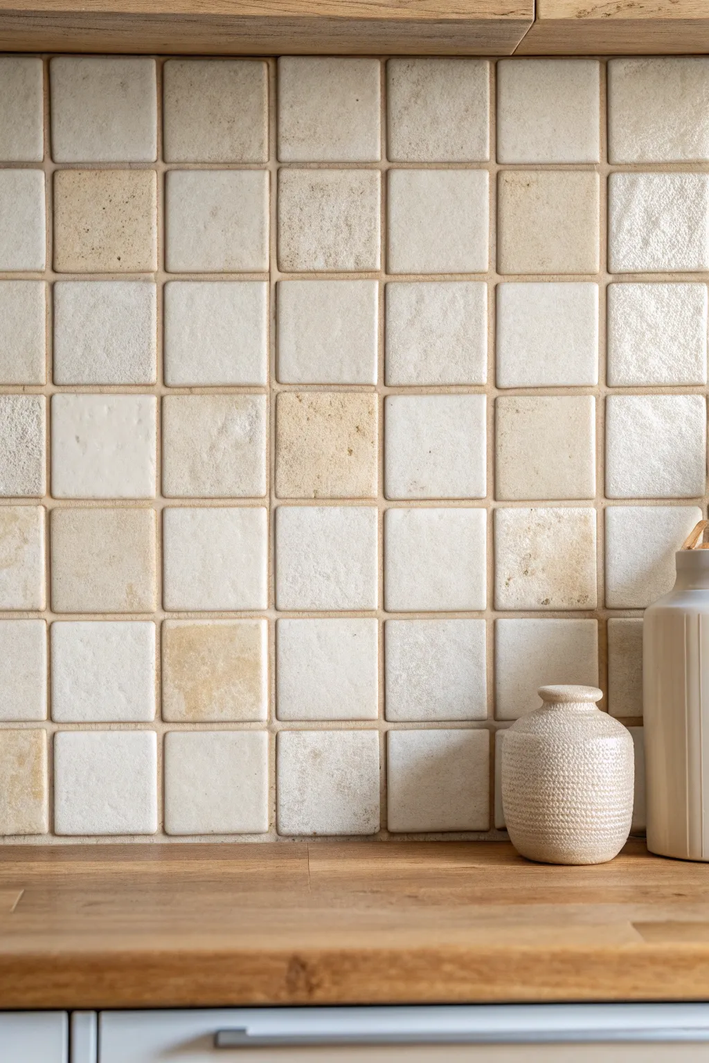 Square tile accent wall with handcrafted texture and a calm Scandinavian, softly boho mood