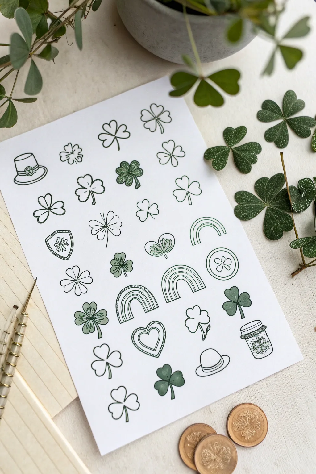 Minimal St Patrick Day doodle sheet with clovers, rainbow and gold icons, ready to sketch