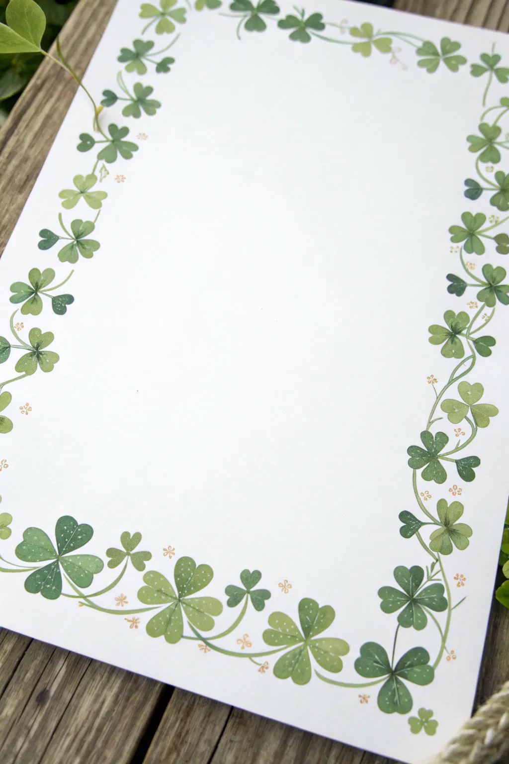 Minimal shamrock garland border on white paper, perfect for a St Patricks Day card design