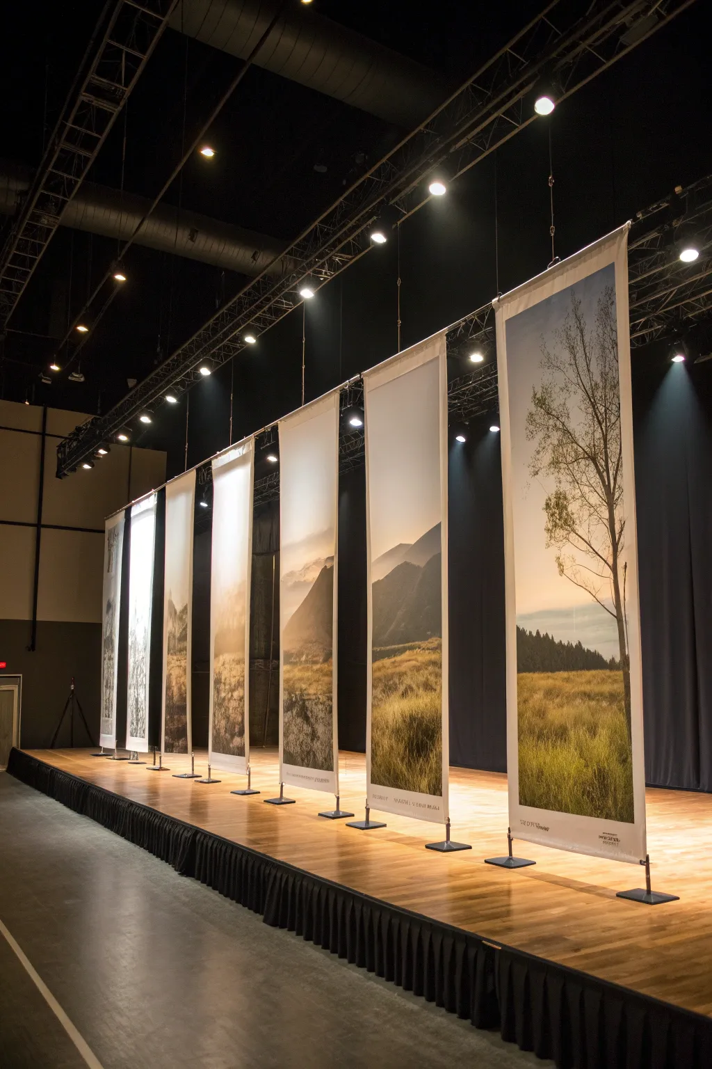 Panoramic window-panel backdrop with warm uplighting for an airy, minimalist stage vibe.