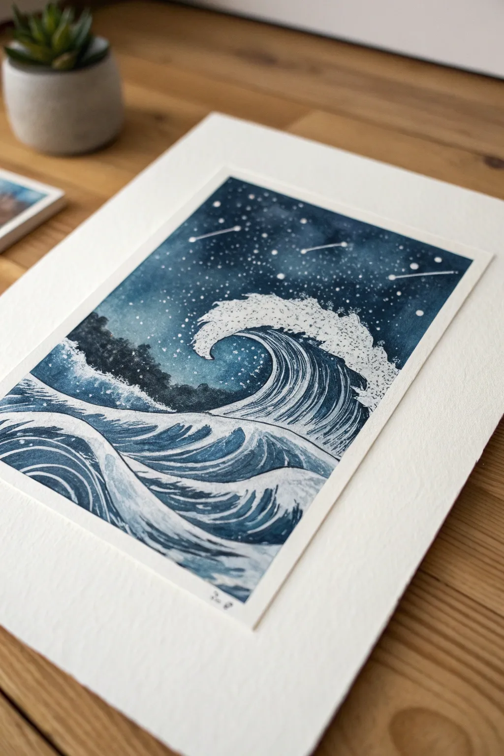 Bold ink wind swirls over indigo washes create a minimalist, dreamy starry night study