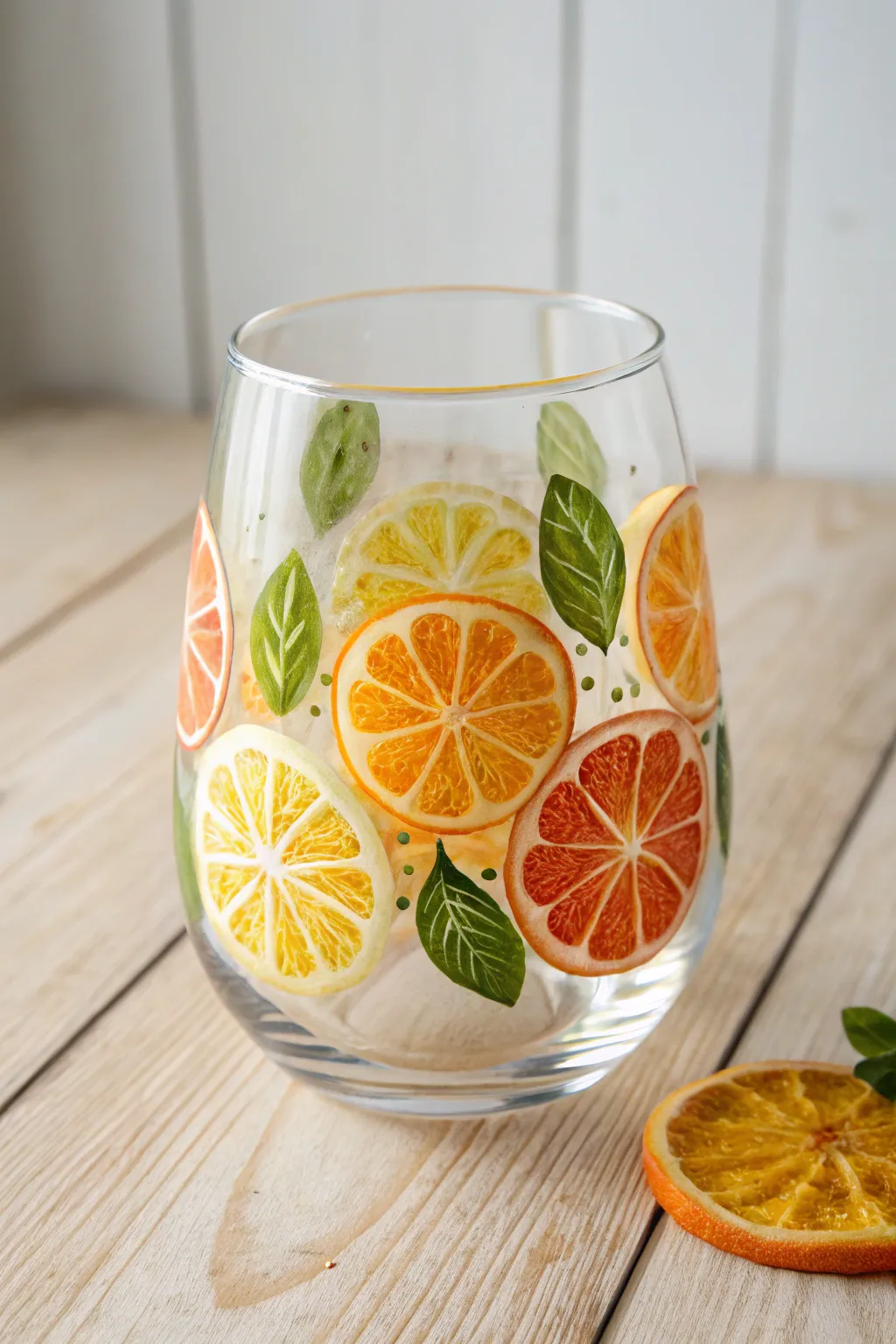 Citrus slice motifs and tiny leaves make this stemless wine glass feel fresh, sunny, and handmade.