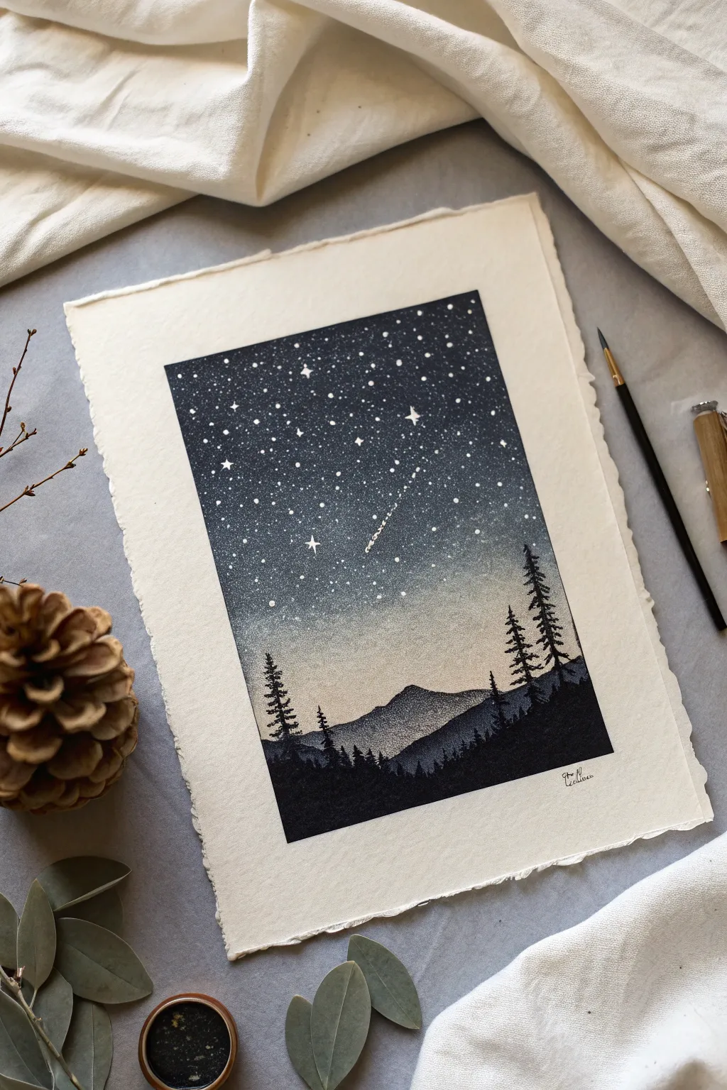 Learn stippling with a dreamy night sky gradient and star field, simple silhouette and calm contrast.