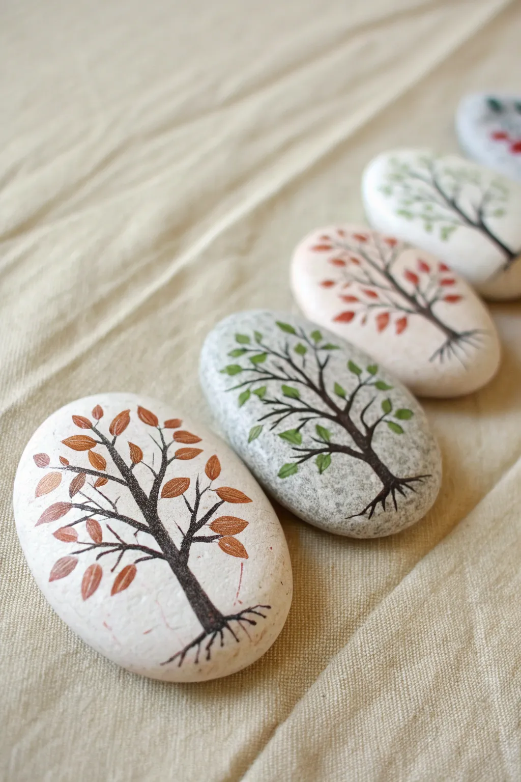 Four matching tree stones in spring, summer, autumn, and winter for a calm seasonal set
