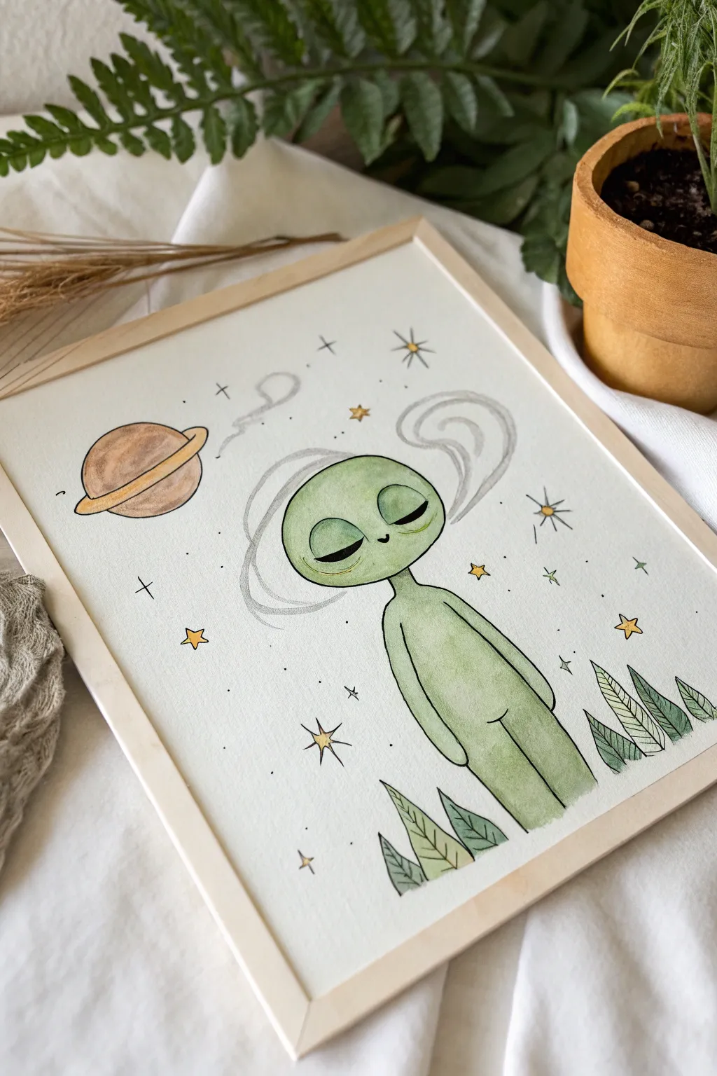 Spaced-out alien painting idea: minimalist boho lines, floating smoke rings turning into leaves.
