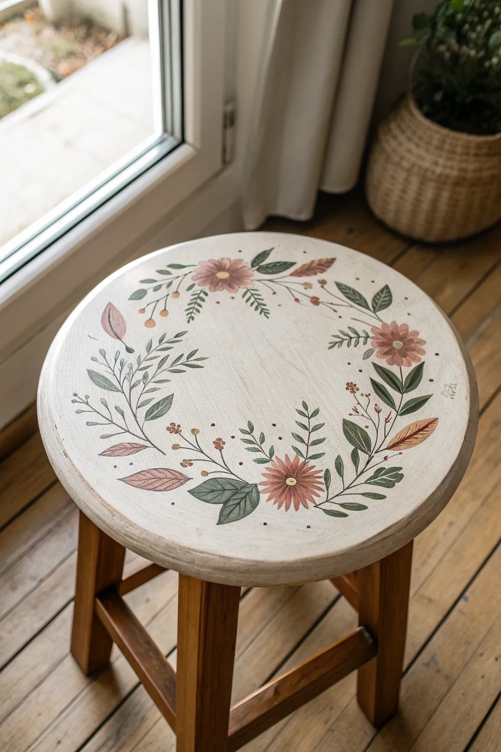 Paint a cozy folk floral wreath on a stool seat for an easy Scandinavian boho refresh