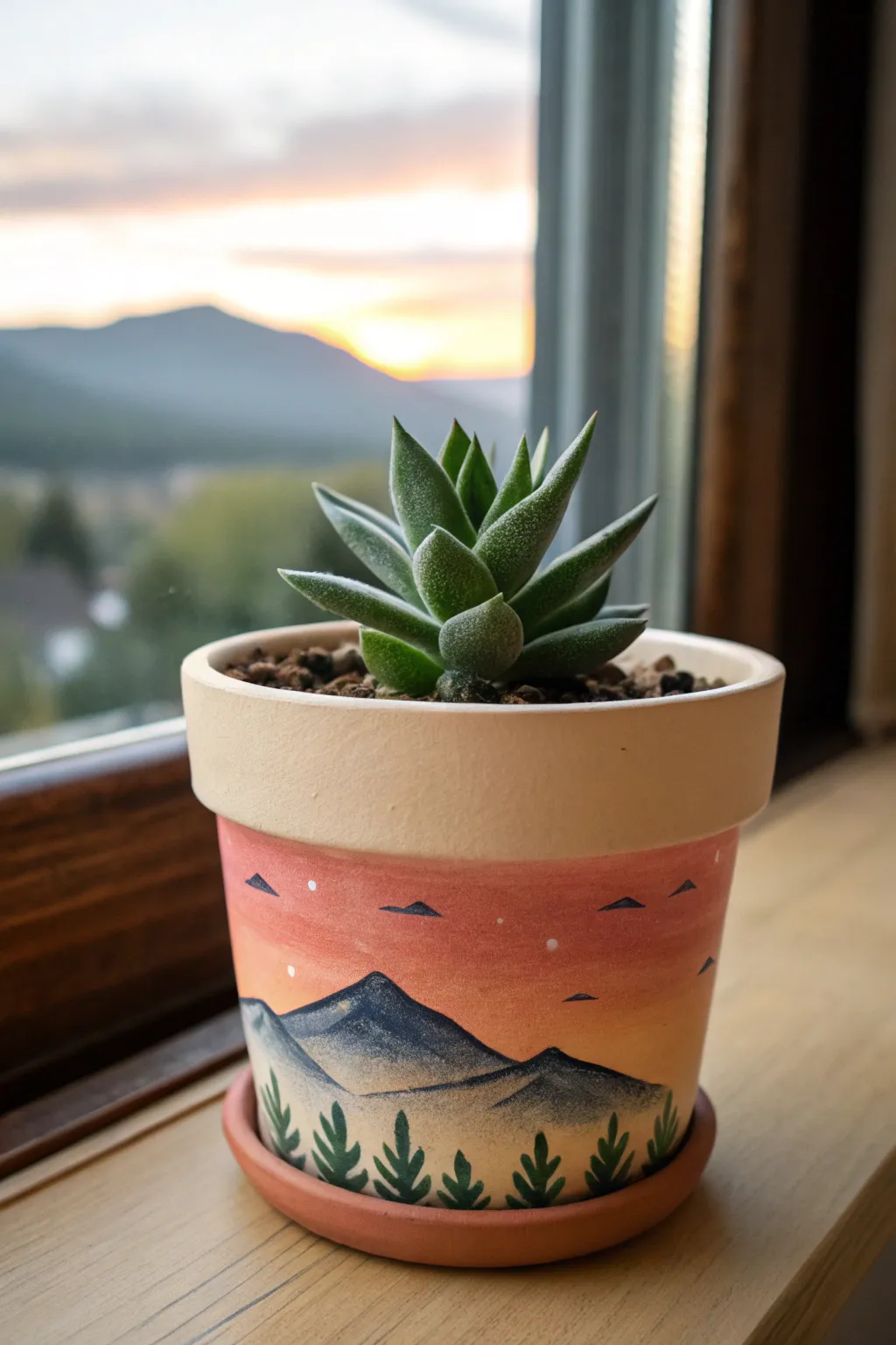 Mini mountain sunset wrap pot with a muted succulent, Nordic minimal style with a soft boho touch