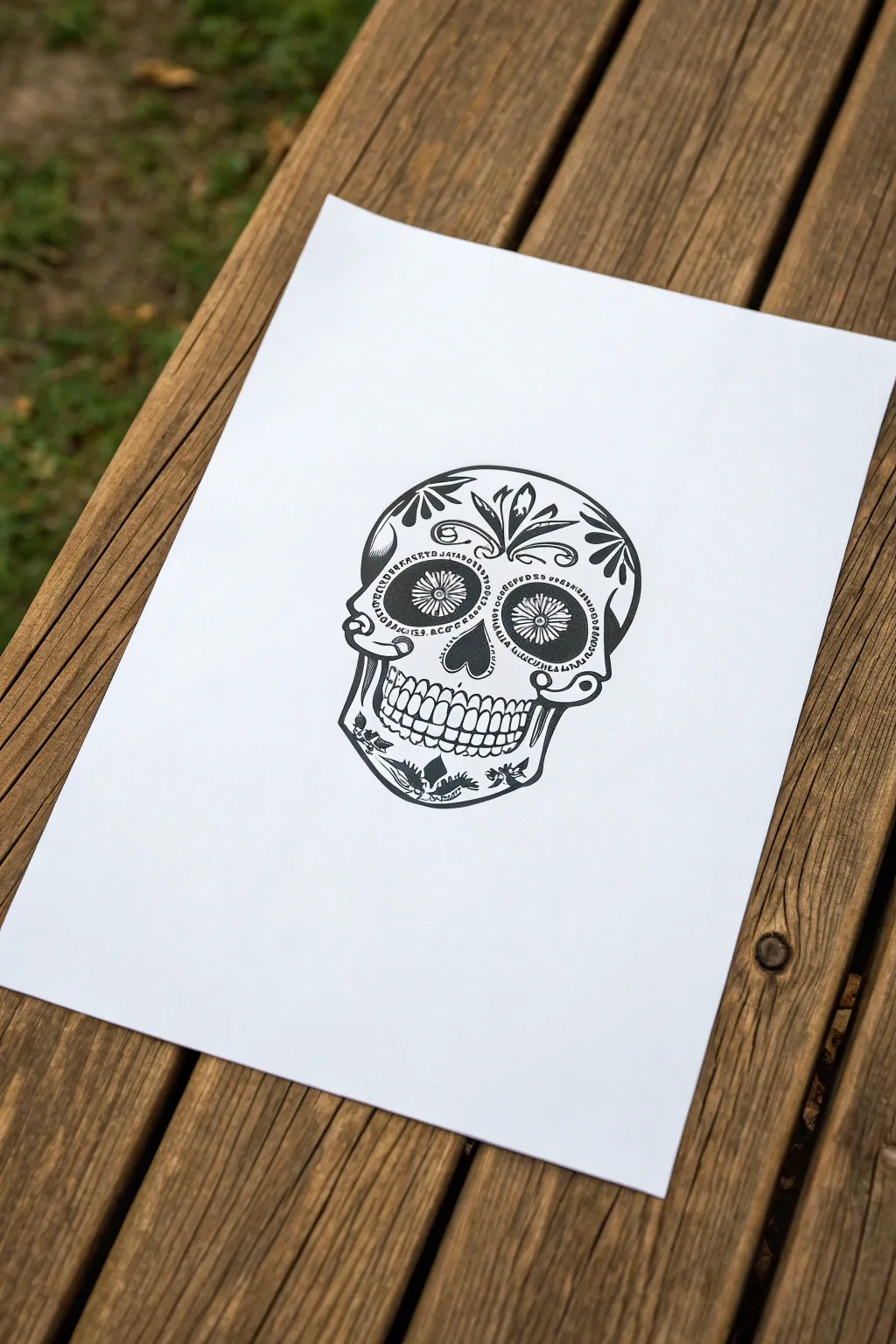 Printable sugar skull line art in bold black ink, centered on bright white paper for coloring.
