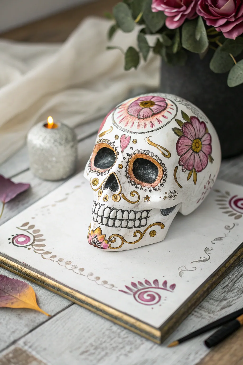 Elegant sugar skull painting with metallic gold and silver accents that shimmer against moody tones